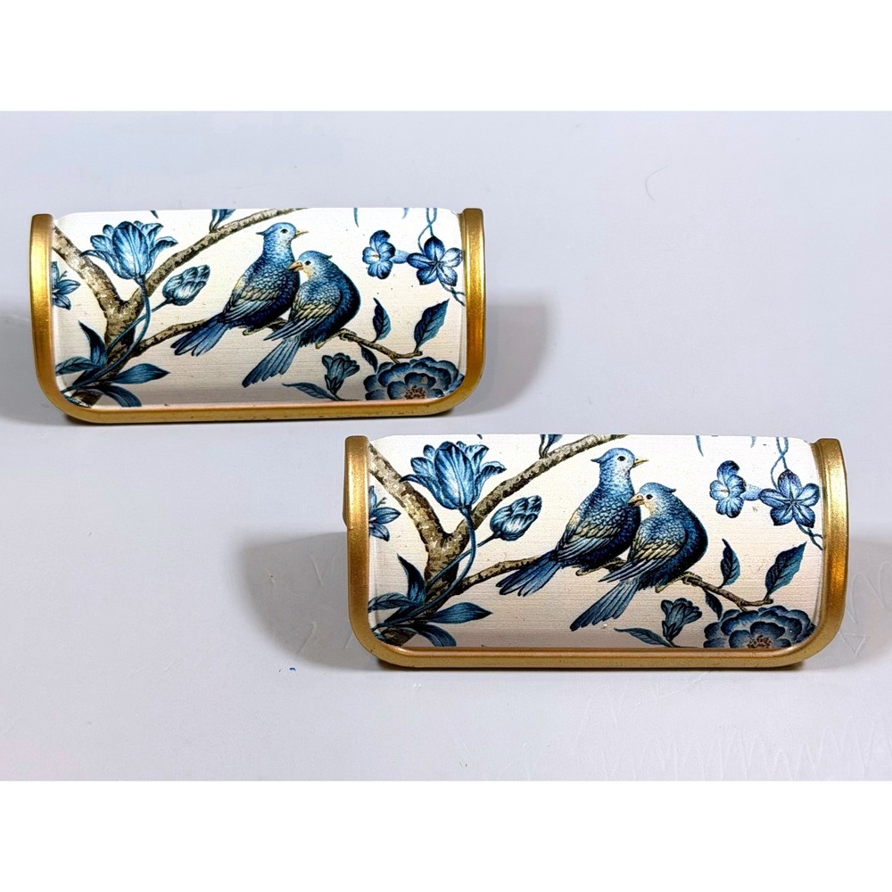 Pair Blue Bird Floral Drawer Pulls Blue White Gold Curved Cabinet Handles Shabby